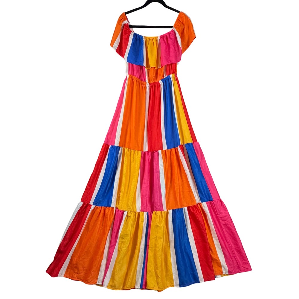 A. Calin Flying Tomato Multi Color Stripe Off Shoulder Tiered Maxi Dress AD1816
